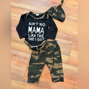 NWOT 0-3 Months Black and Camouflage Three Piece Baby Outfit